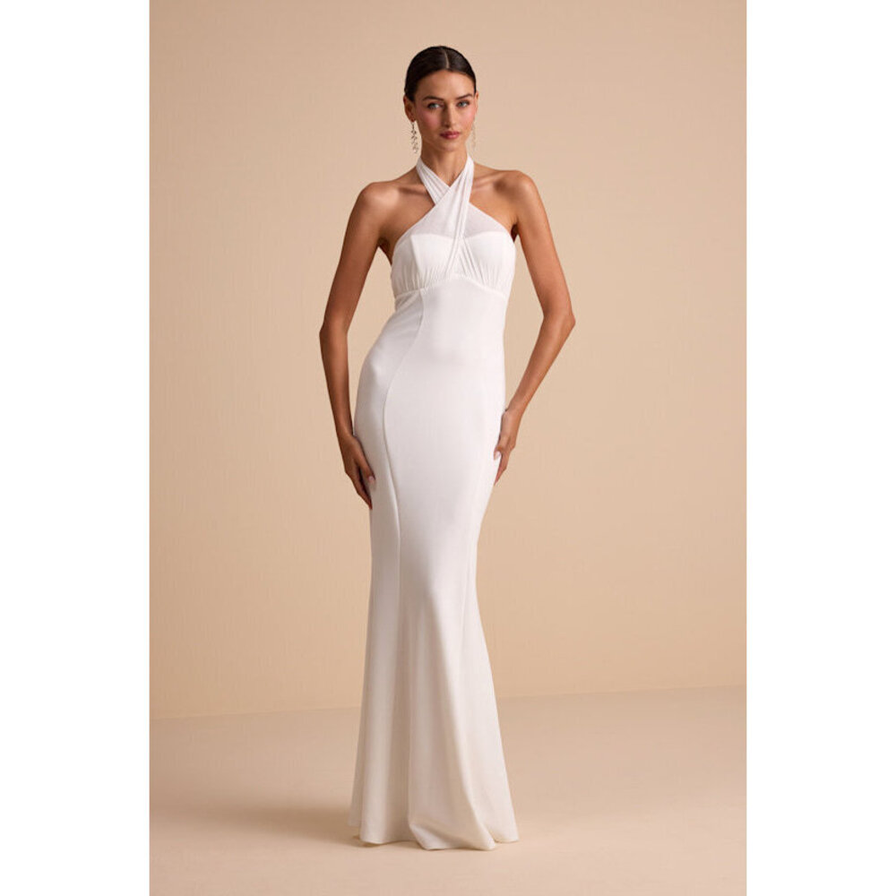 Lulus Iridessa White Mixed Media Halter Mermaid Maxi Dress - Size L